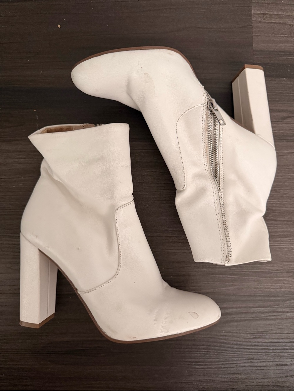 Steve Madden White High Block Heel Ankle Boots with Side Zip